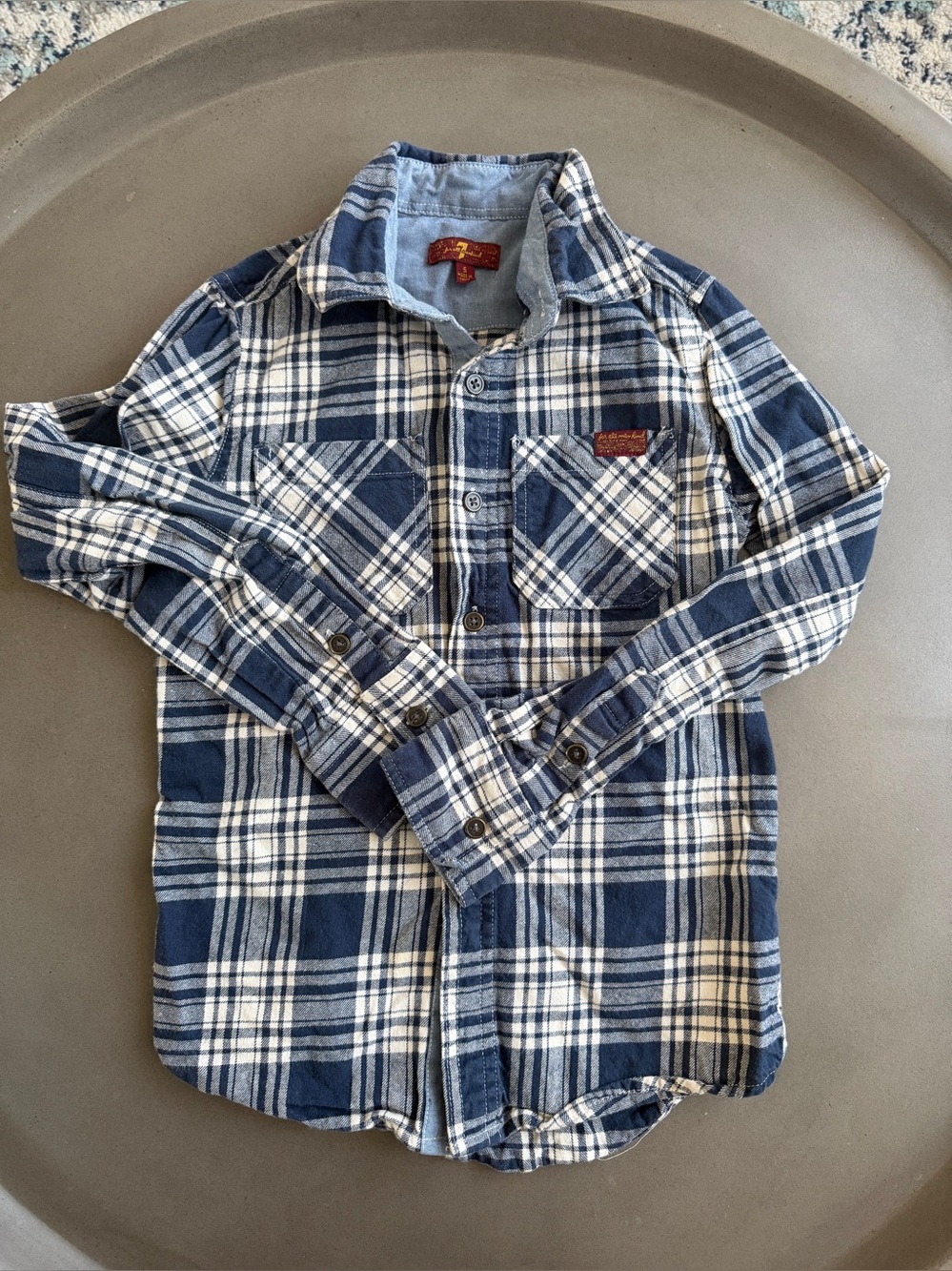 7 For All Mankind Navy & White Plaid Button-Down Shirt Size 5